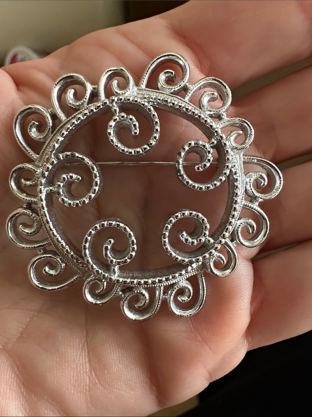 Sarah Coventry Silver-Tone Filigree Scroll Round Brooch